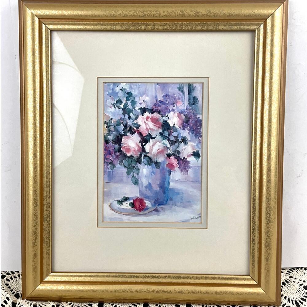 VTG Pink Roses In Vase Penny Dermand Print‎ Wall Decor Hanging Framed 12"x15"